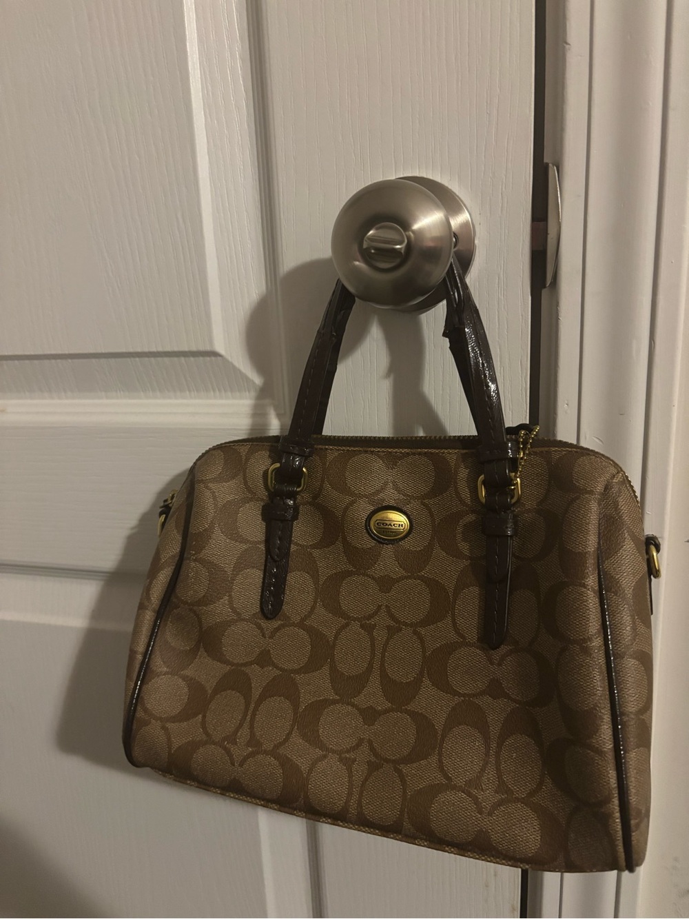 Coach Brown Signature Canvas Satchel with Dark Brown Trim